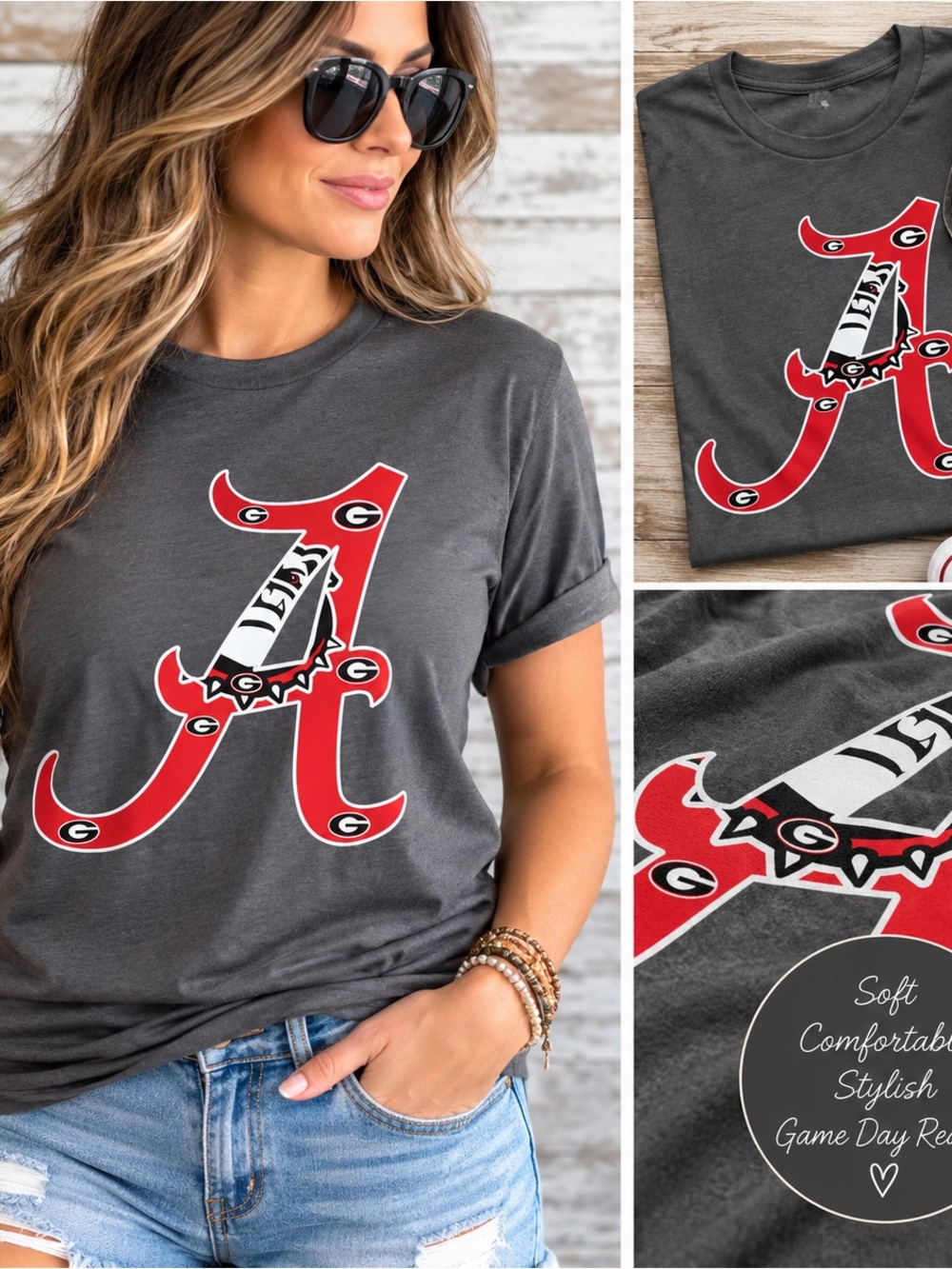 Alabama University Style Charcoal Gray Graphic Tee with Red Accent